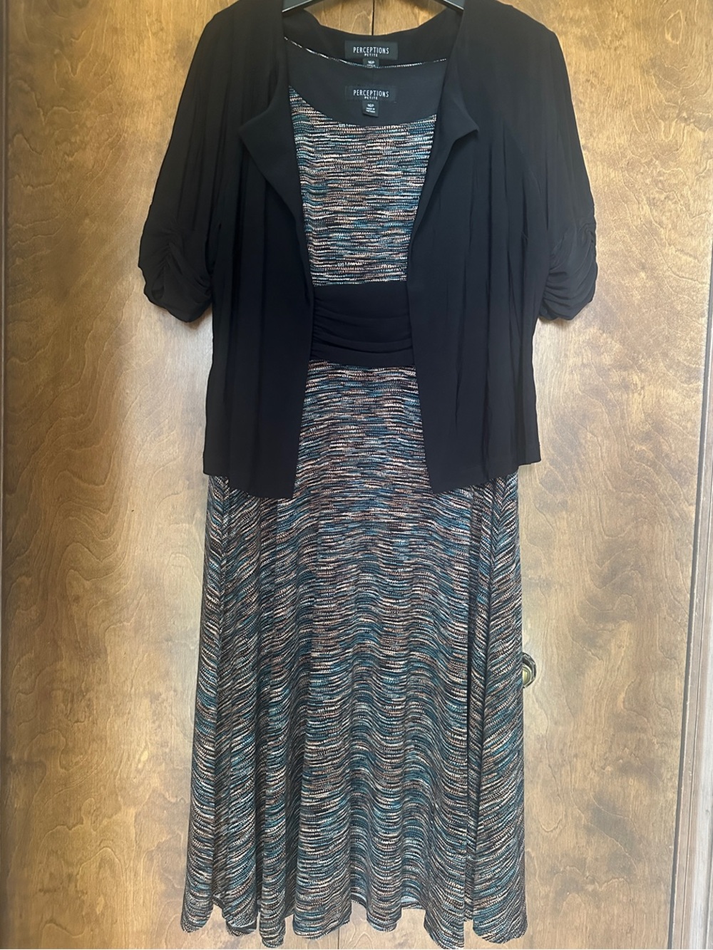 Perceptions 2 Piece Petite Outfit Multicolor Dress with Black Jacket